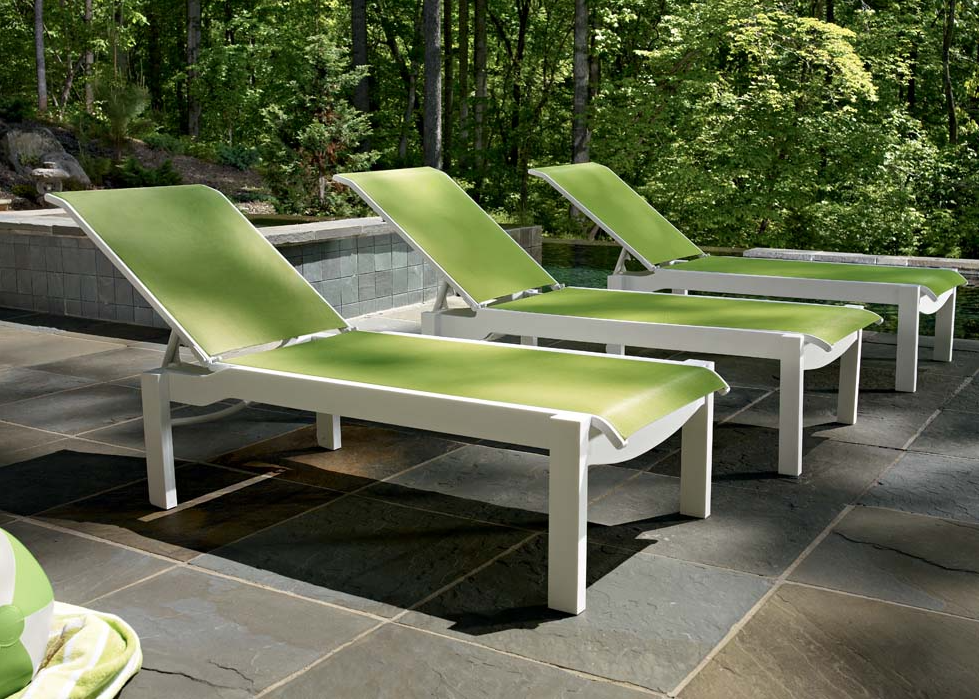 Leeward Sling Lay-flat Stacking Armless Long Frame Chaise w/ Wheels